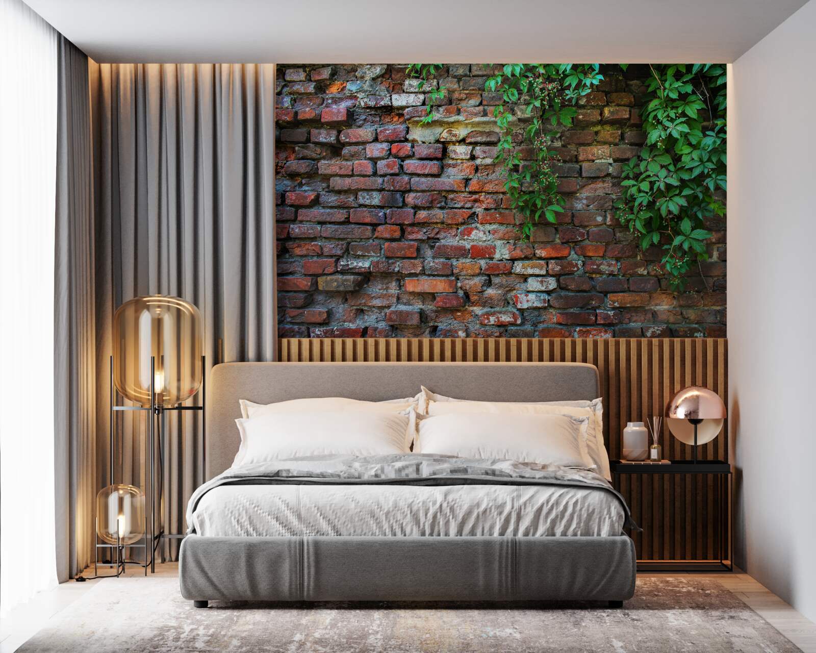 Fototapet zidul vechi de cărămidă este decorat cu verdeață