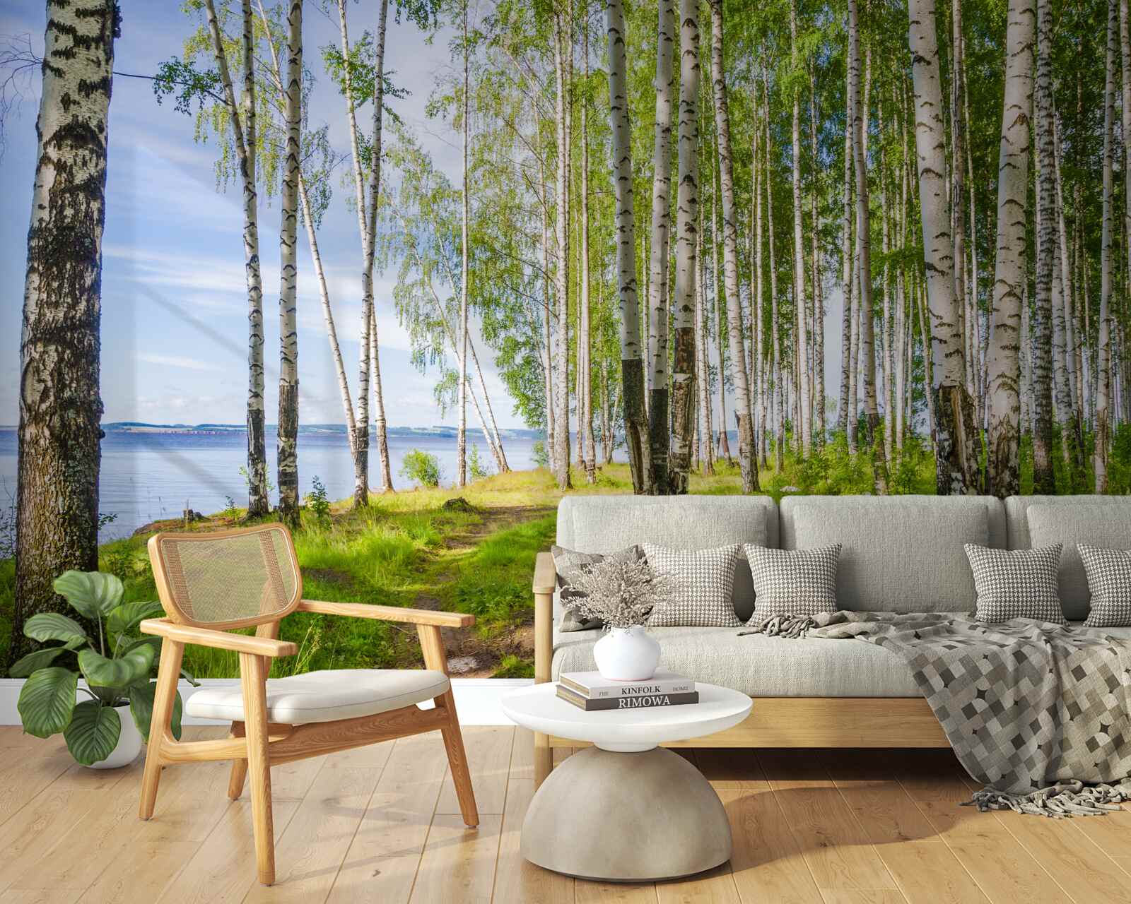 Fototapet poiană cu mesteceni lângă lac, înconjurată de verdeață