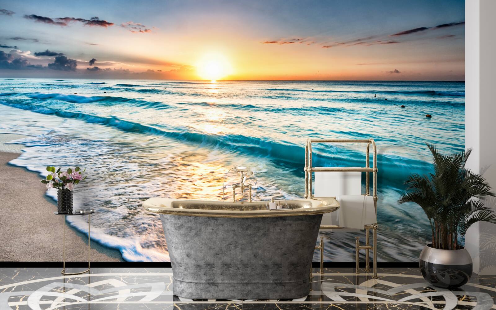 Fototapet apus de soare valuri pe mare