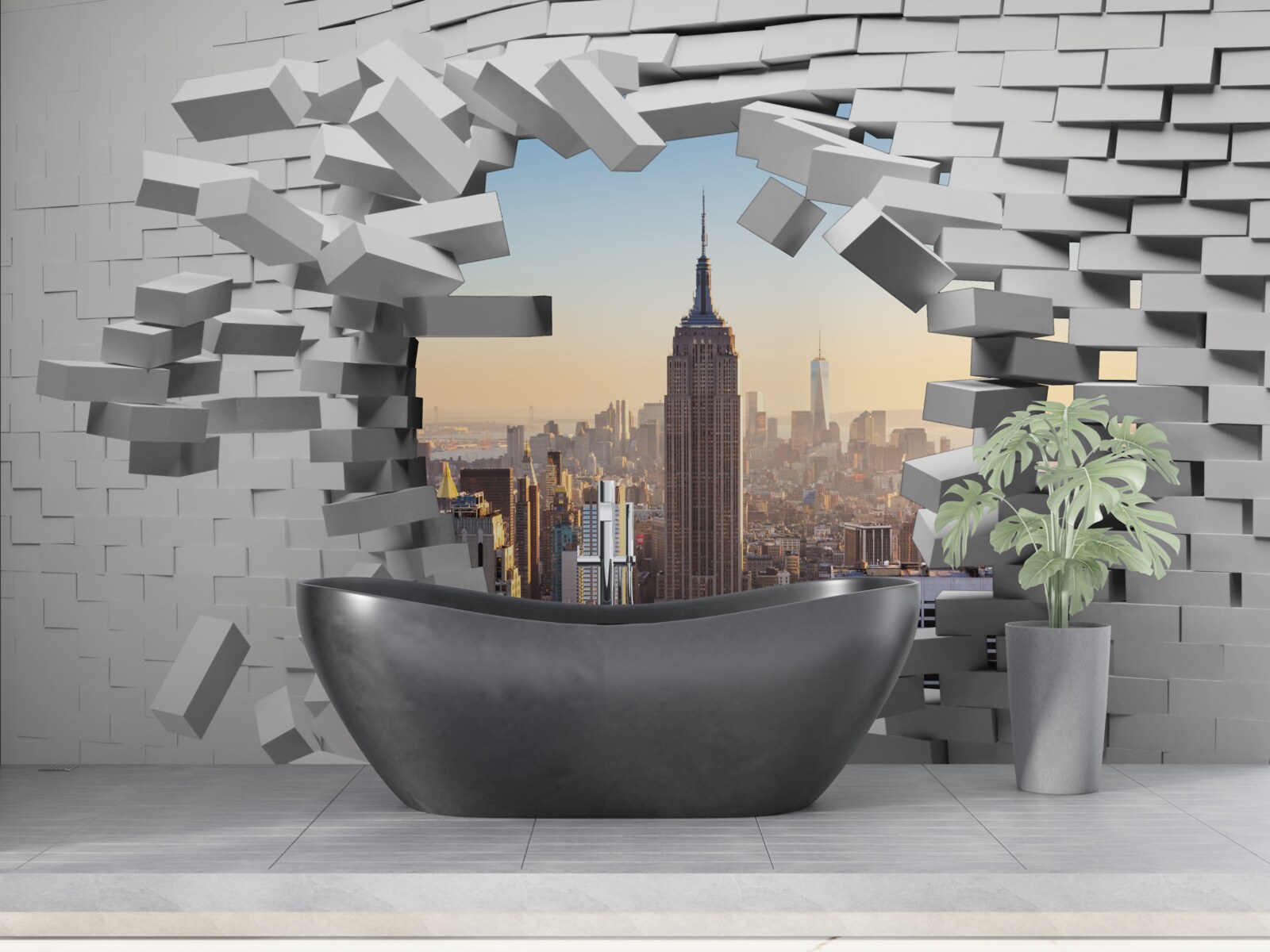 Fototapet privind prin zidul dărăpănat al Empire State Building