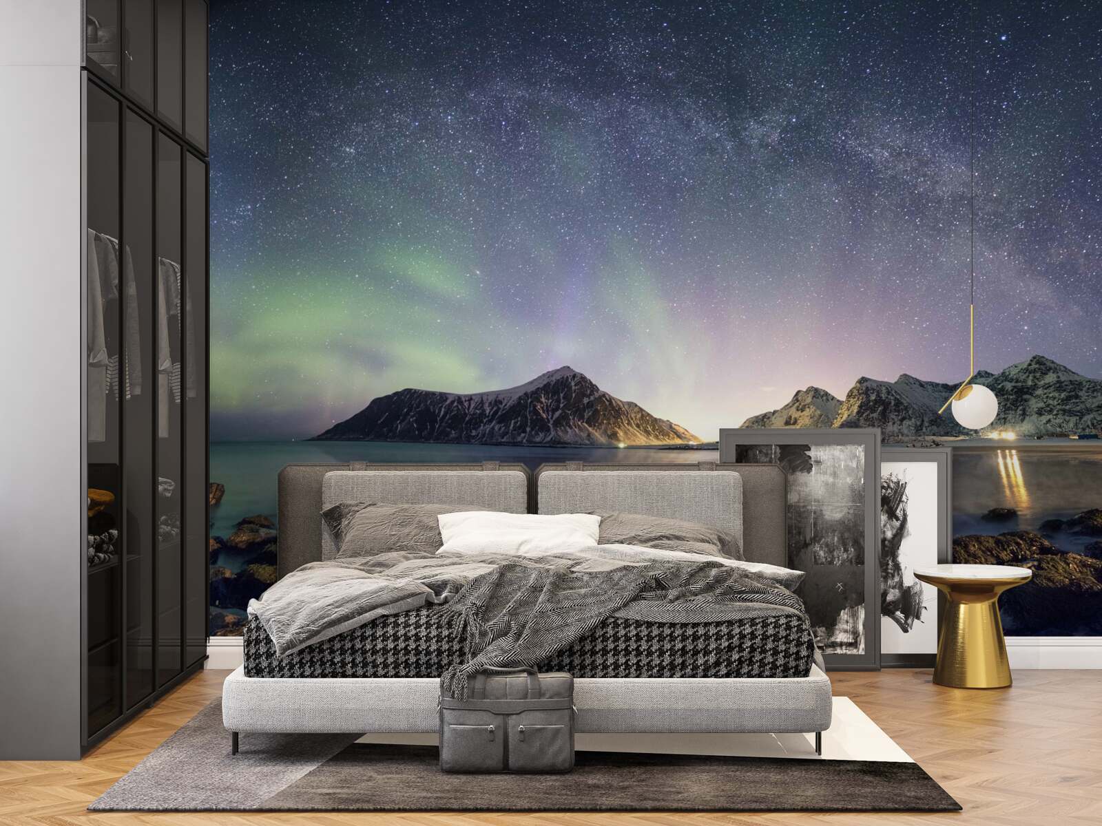 Fototapet cerul de noapte decorat cu stele și luminat de aurora boreală