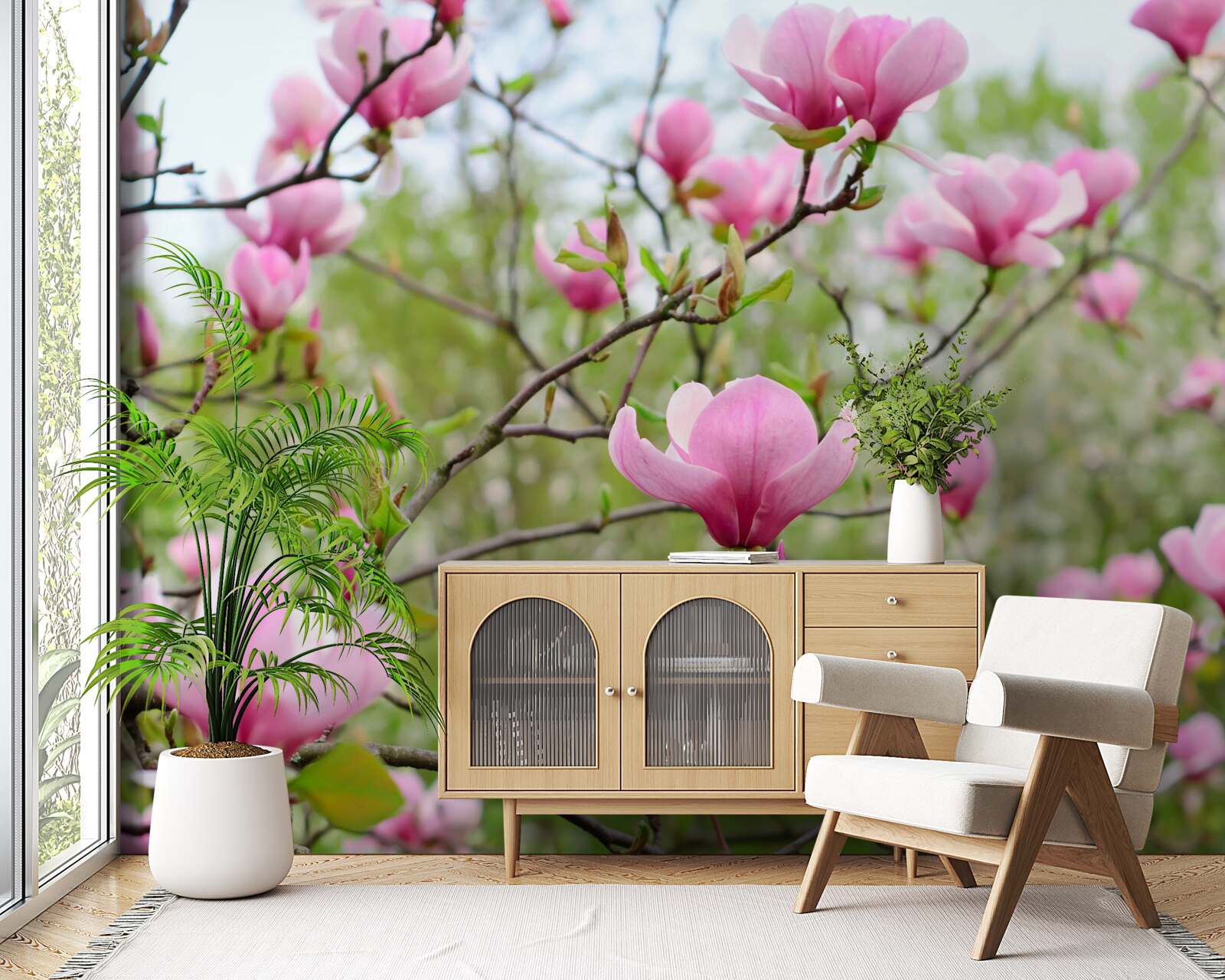 Fototapet grădină de magnolii cu flori roz în timpul verii