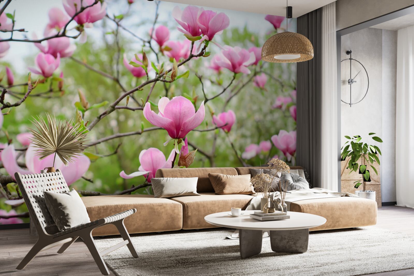 Fototapet grădină de magnolii cu flori roz în timpul verii