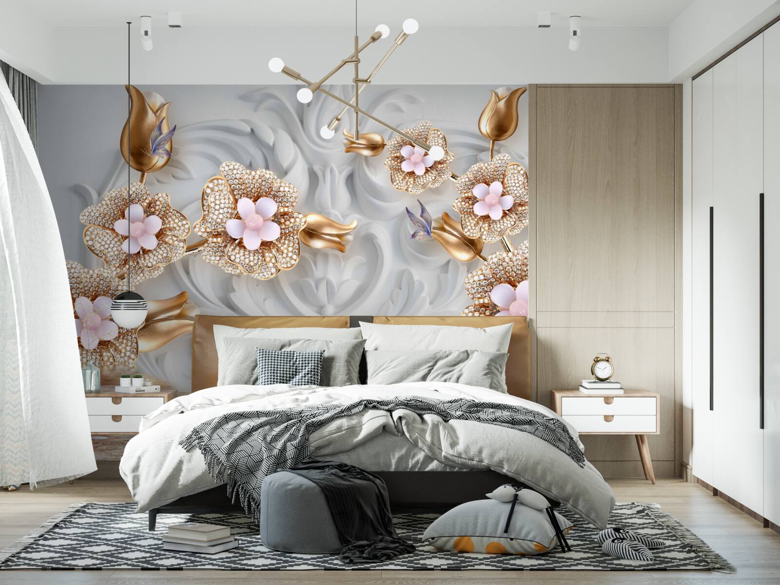Fototapet flori albe, finisate în bronz și decorate cu cristale