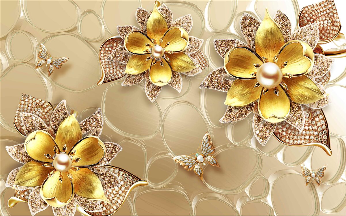 Fototapet flori din aur, decorate cu cristale