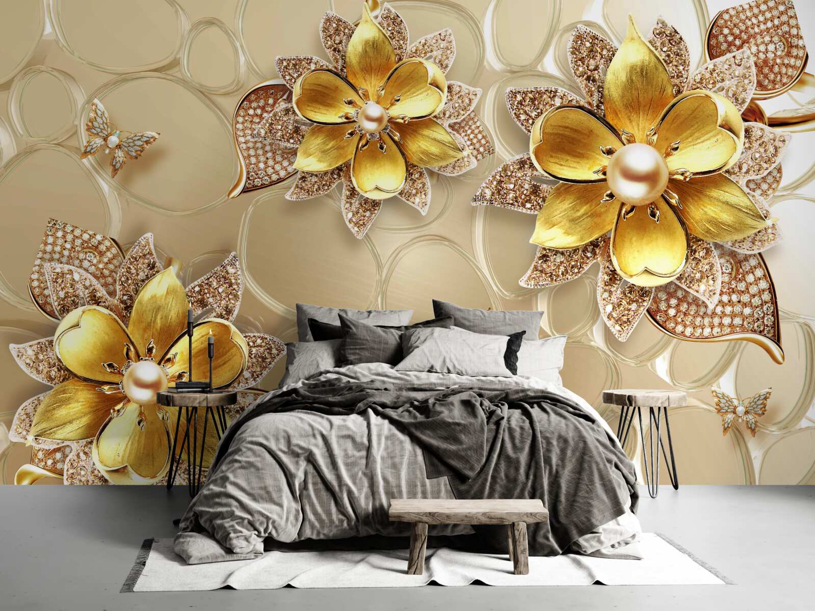 Fototapet flori din aur, decorate cu cristale