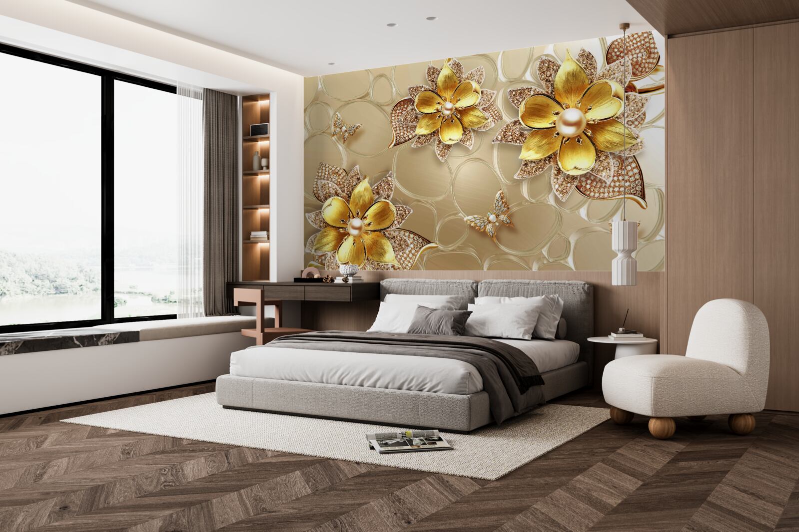 Fototapet flori din aur, decorate cu cristale