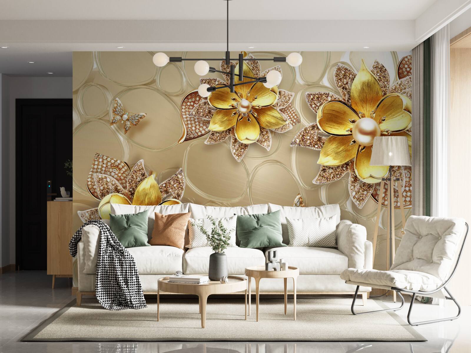 Fototapet flori din aur, decorate cu cristale