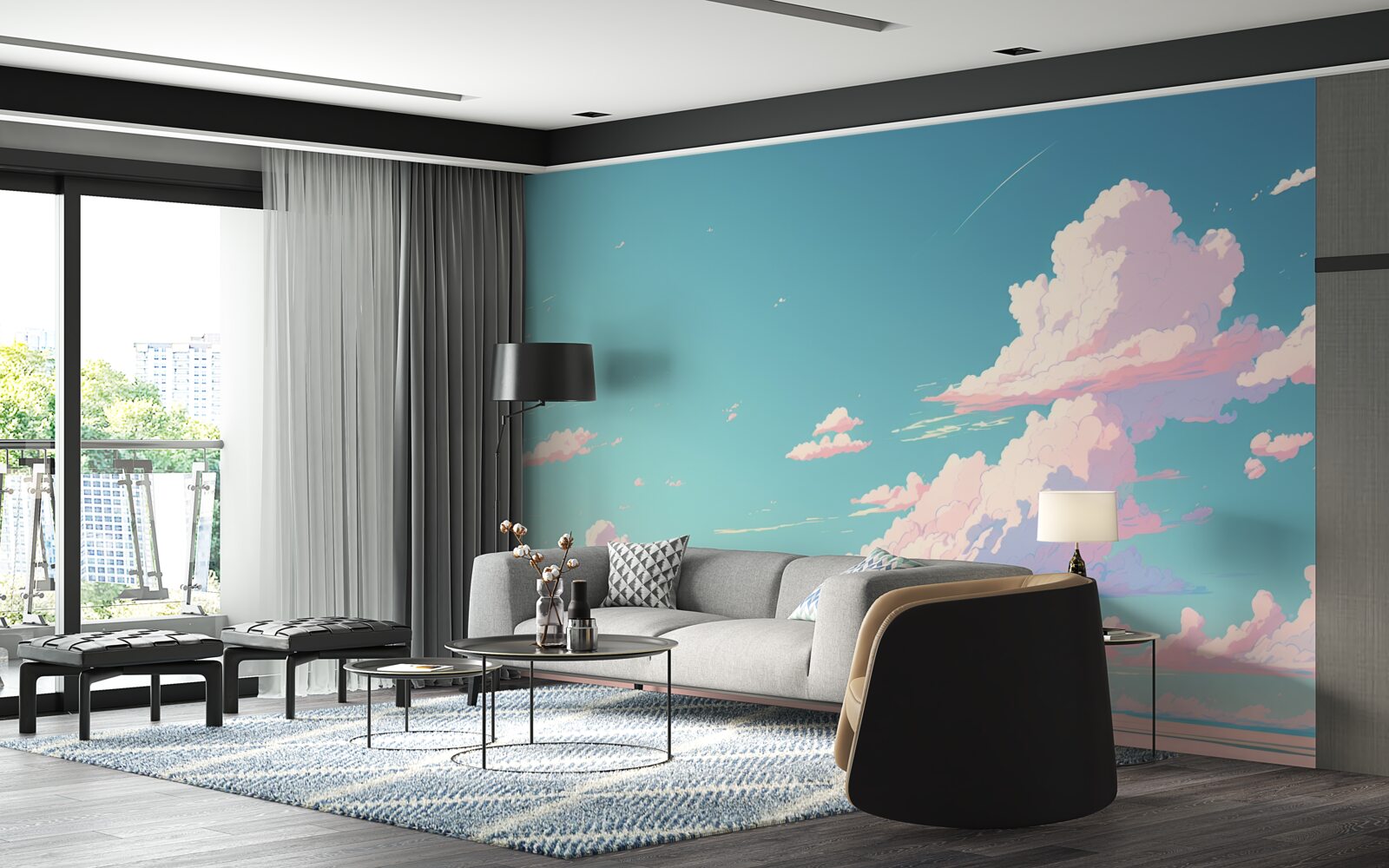 Fototapet cerul albastru este decorat cu nori roz