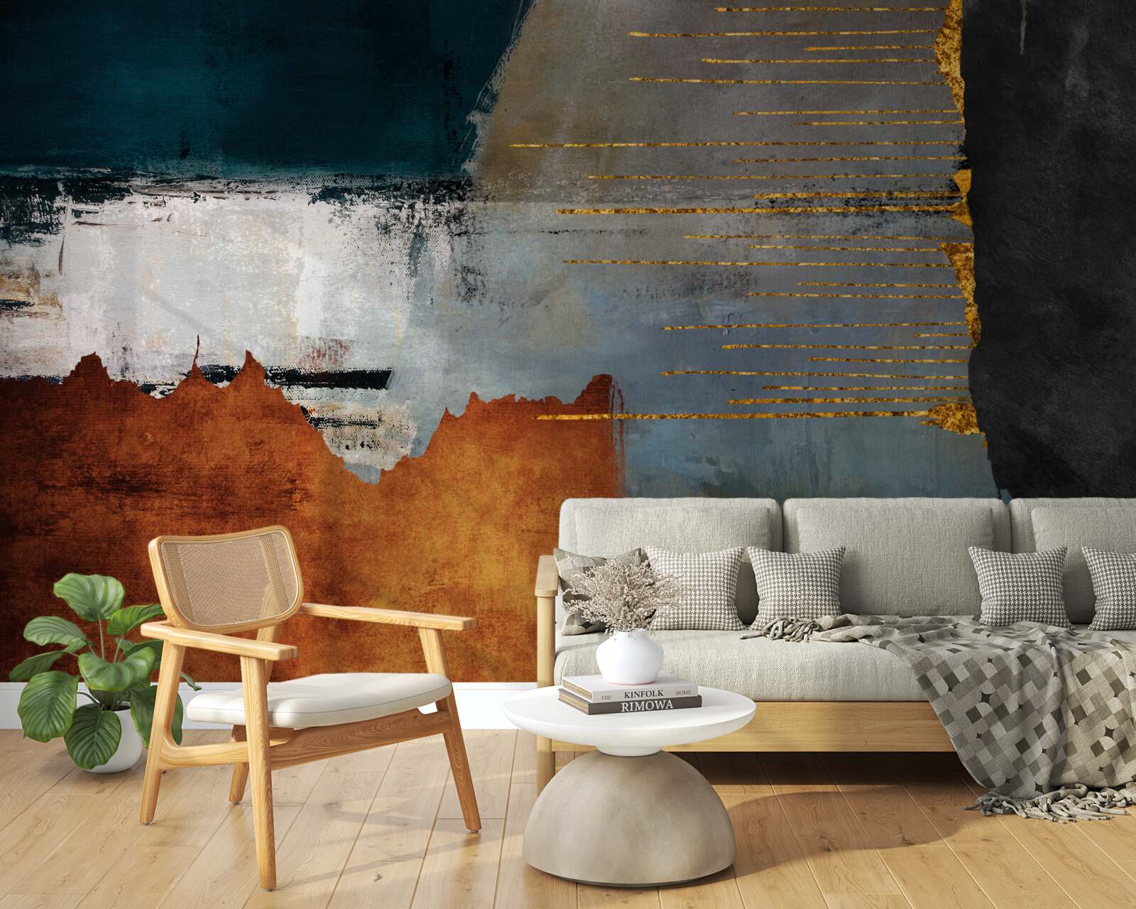 Fototapet fundalul colorat este decorat cu linii aurii