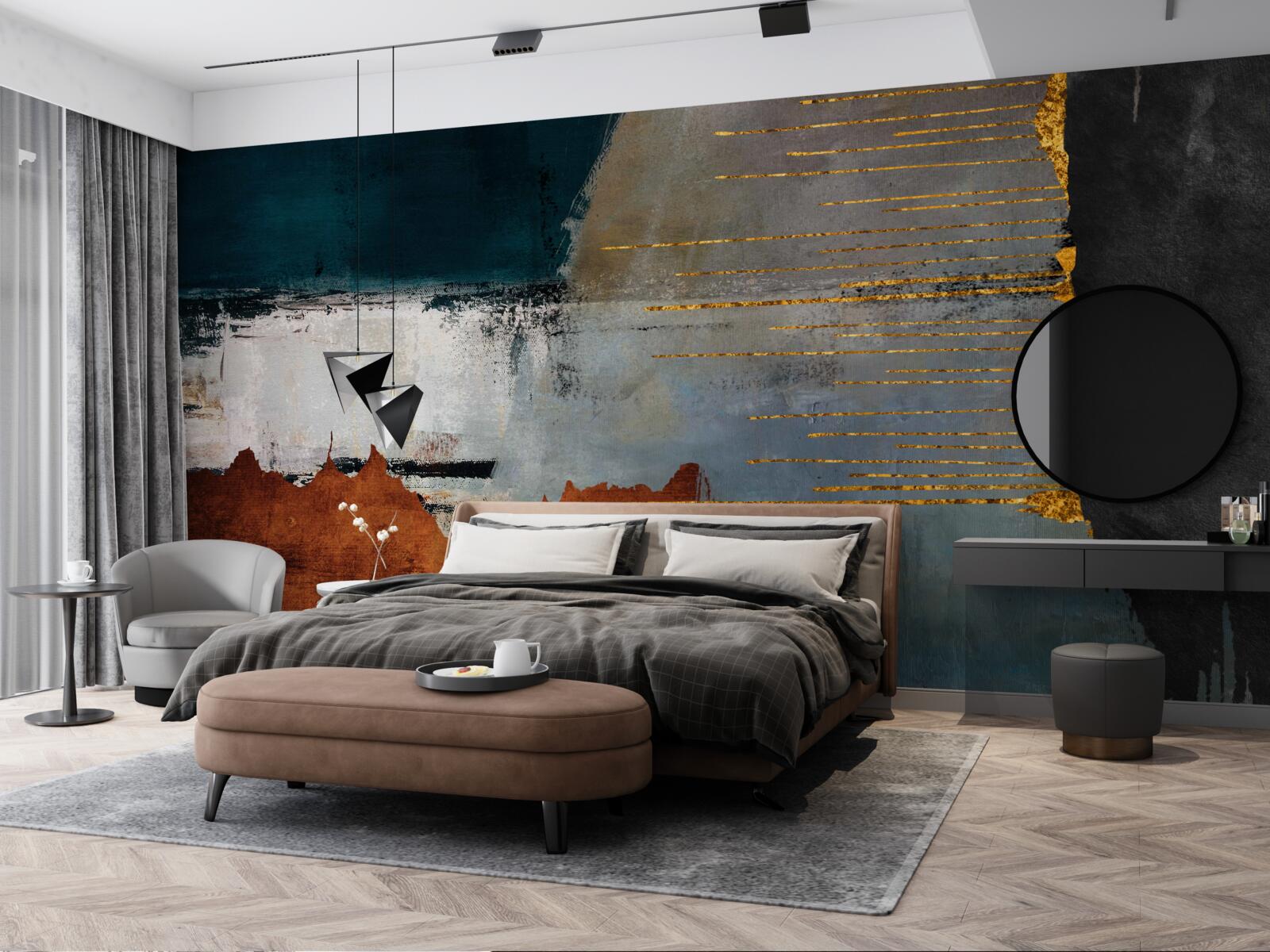 Fototapet fundalul colorat este decorat cu linii aurii
