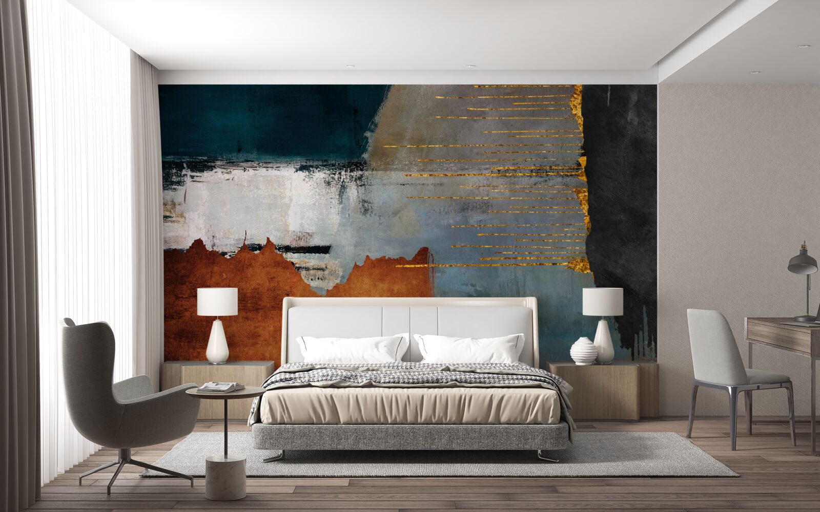 Fototapet fundalul colorat este decorat cu linii aurii