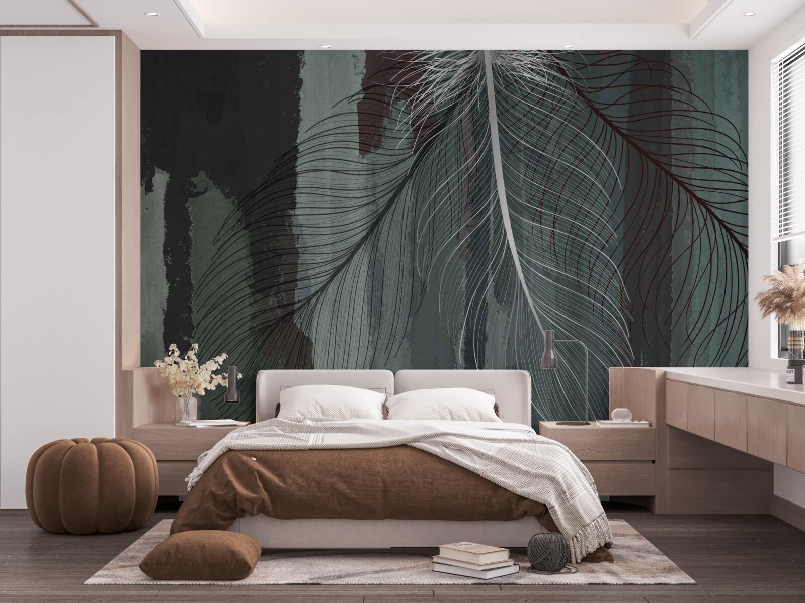 Fototapet fundal întunecat decorat cu pene tropicale