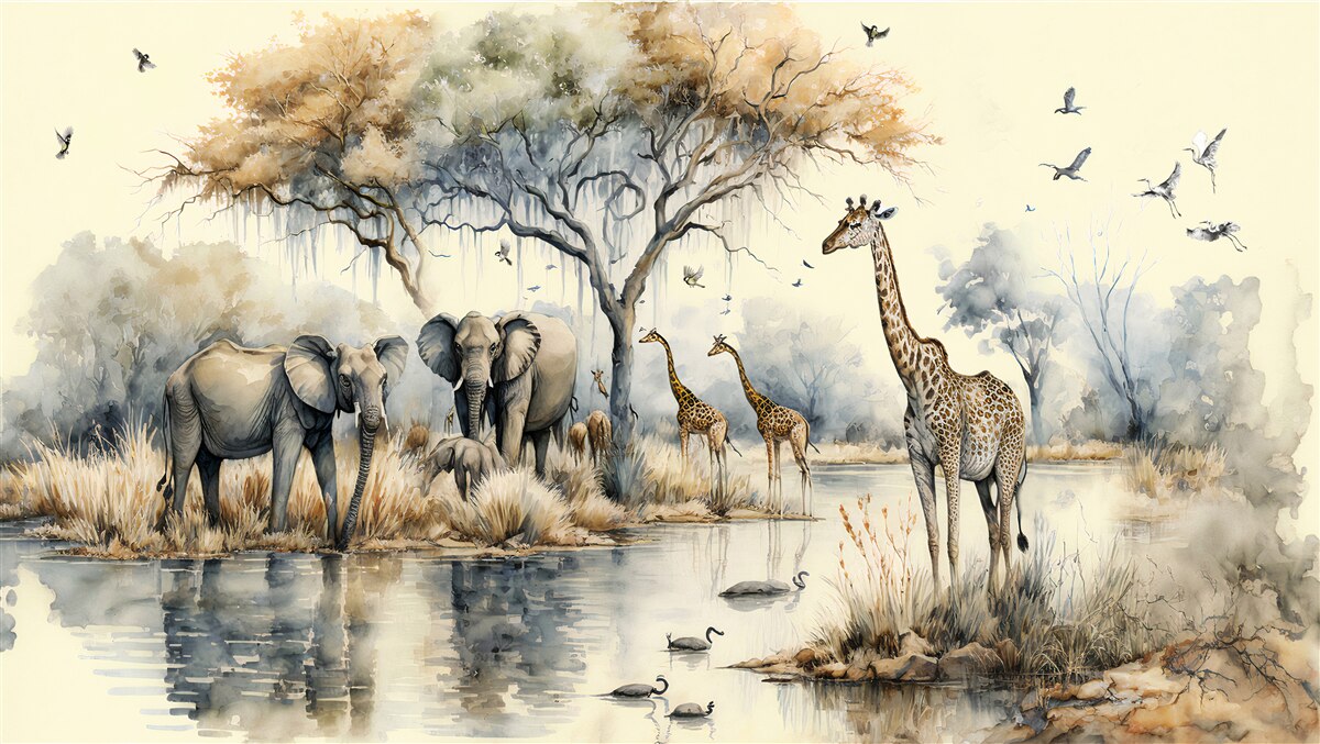 Fototapet animale africane lângă iaz