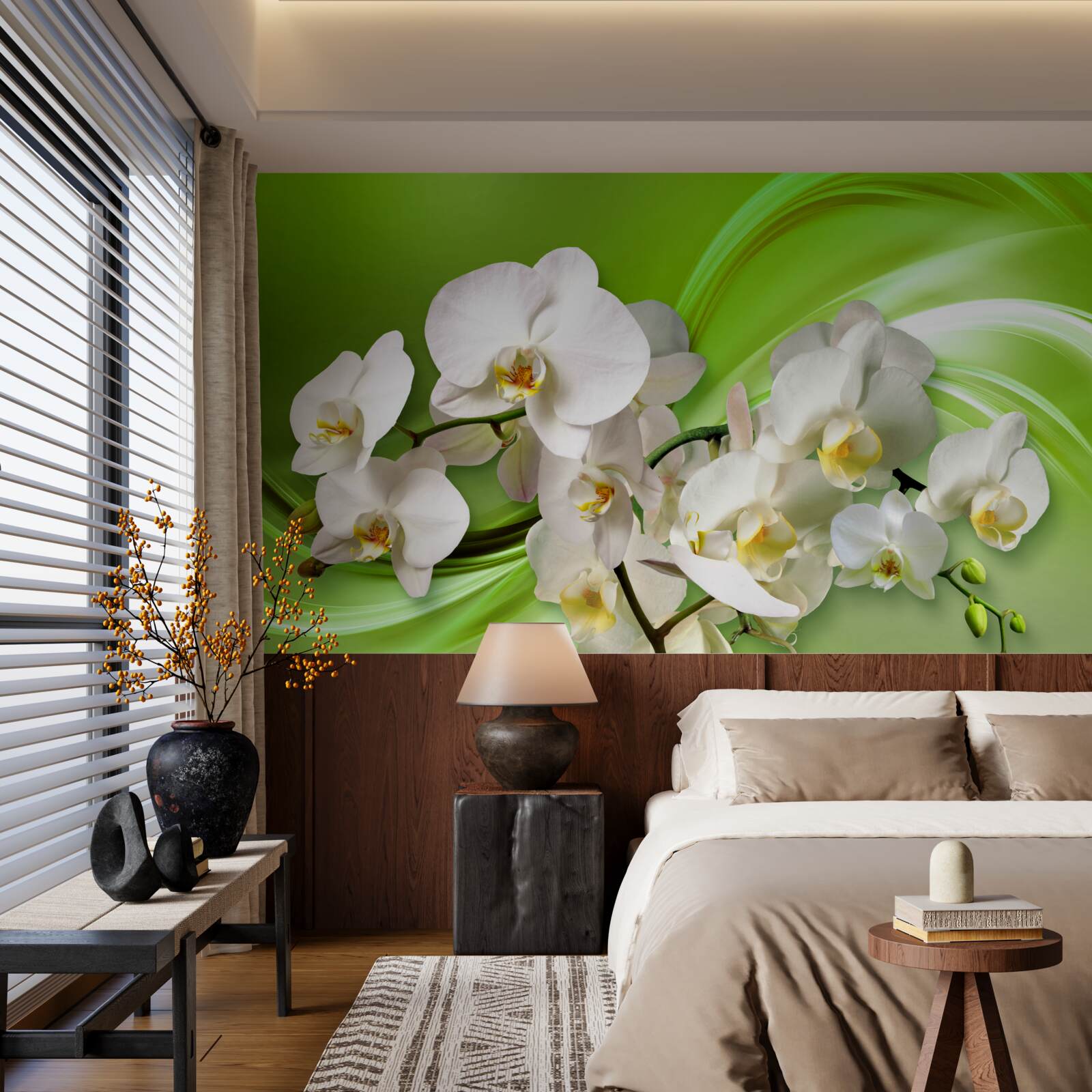 Fototapeta białe orchidee znajdujące się na gałęzi na zielonym tle