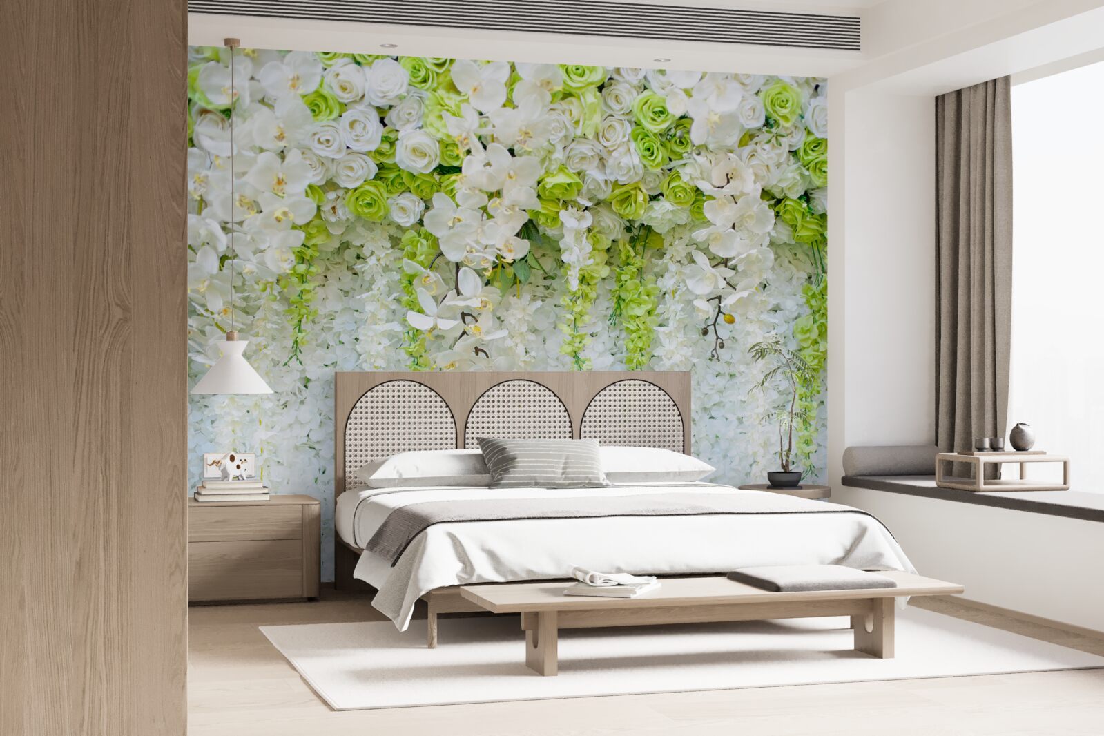 Fototapet orhidee albe au acoperit peretele cu un covor floral
