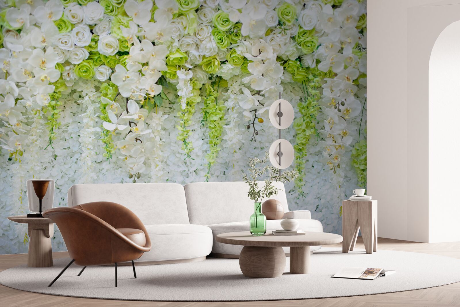 Fototapet orhidee albe au acoperit peretele cu un covor floral