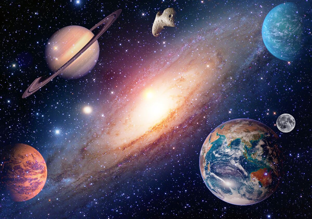 Fototapet planete, inclusiv Pământul, în galaxia noastră