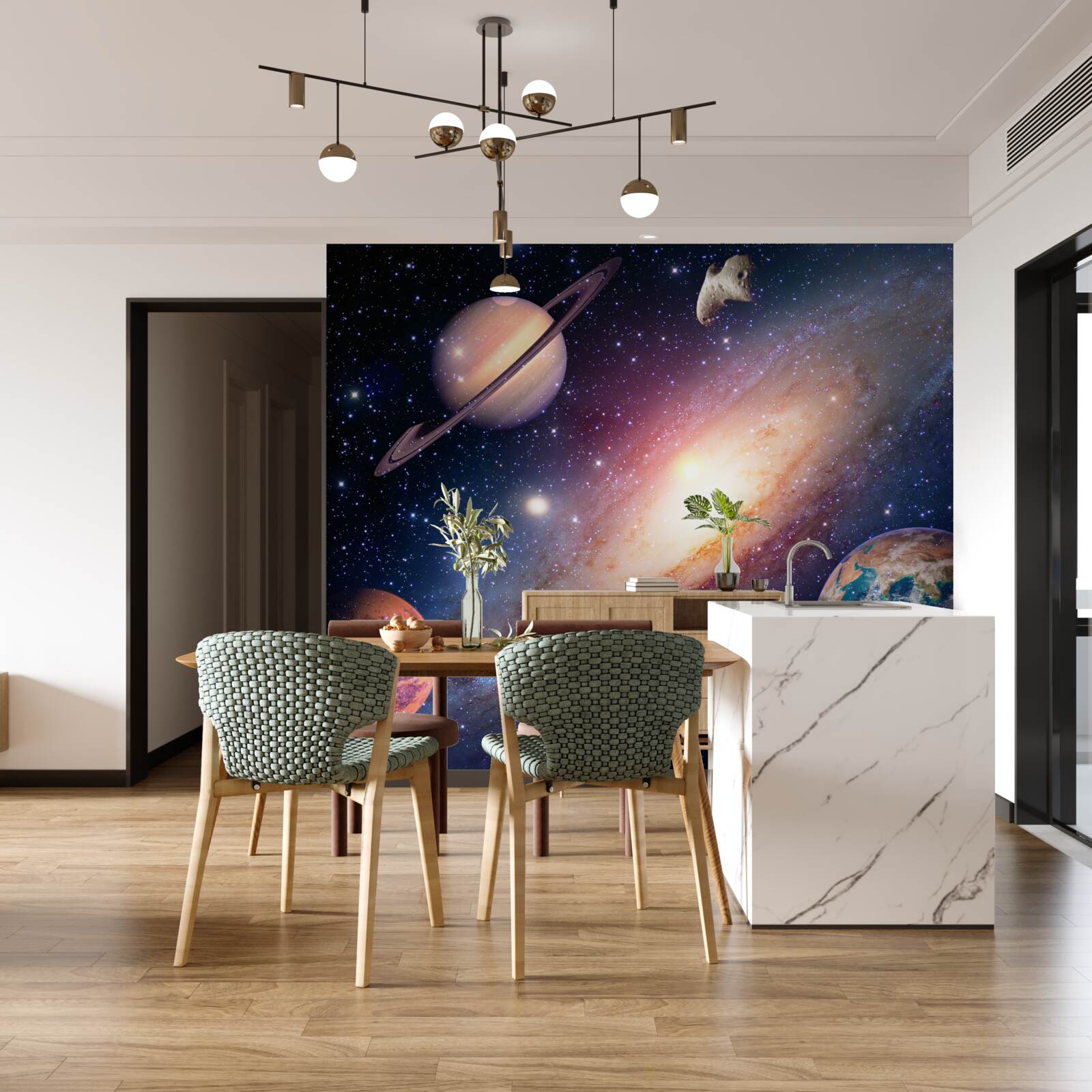 Fototapet planete, inclusiv Pământul, în galaxia noastră