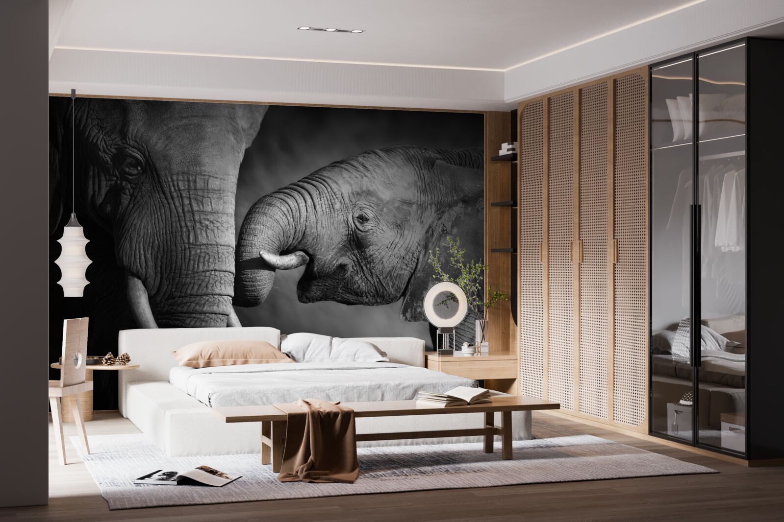 Fototapet puiul de elefant și mama sunt albi și negri