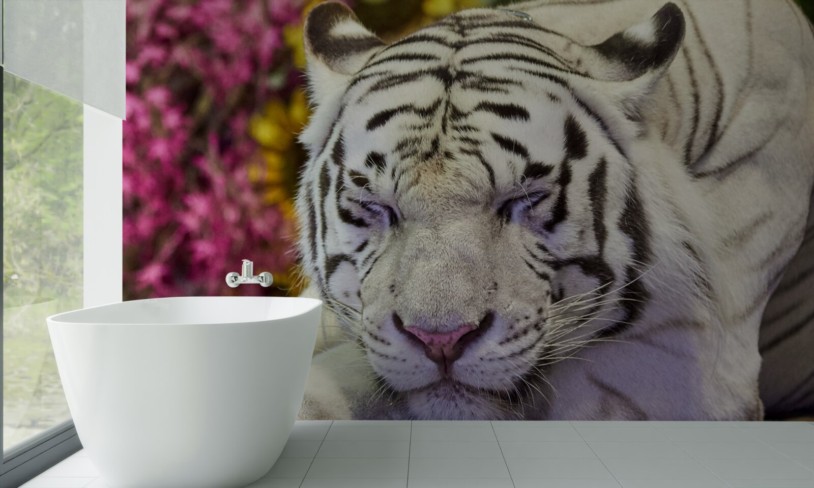 Fototapet un tigru alb se odihnește printre flori