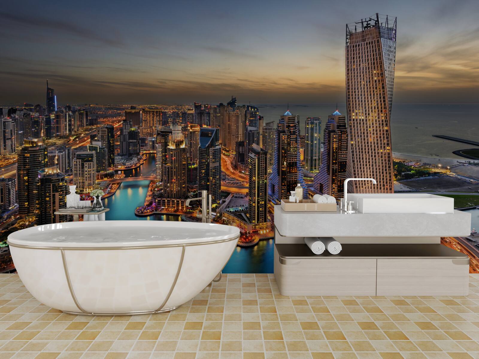 Fototapet linia de orizont a clădirilor de seară în dubai