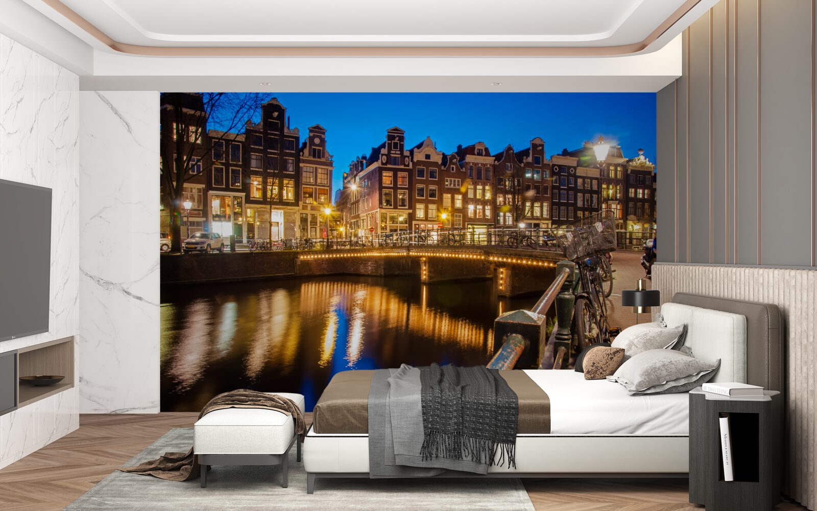 Fototapet reflecție a Amsterdamului în apă noaptea