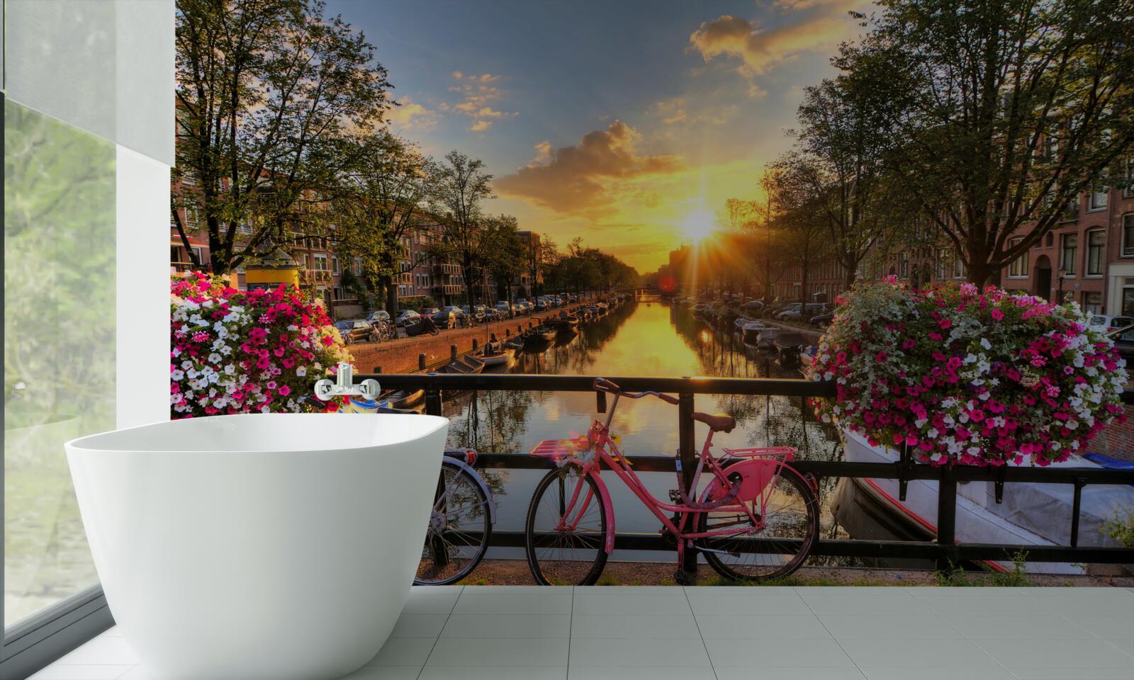 Fototapet apus de soare în amsterdam cu biciclete în fundal
