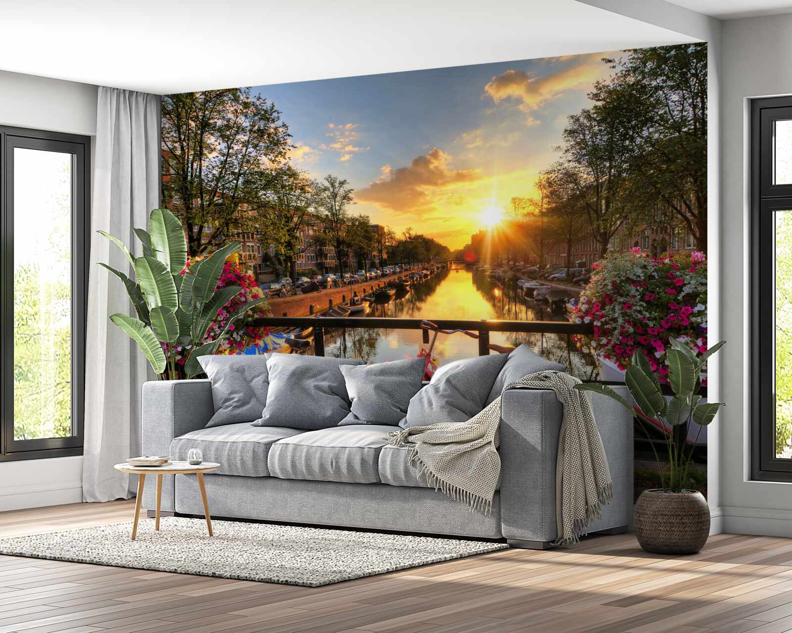 Fototapet apus de soare în amsterdam cu biciclete în fundal