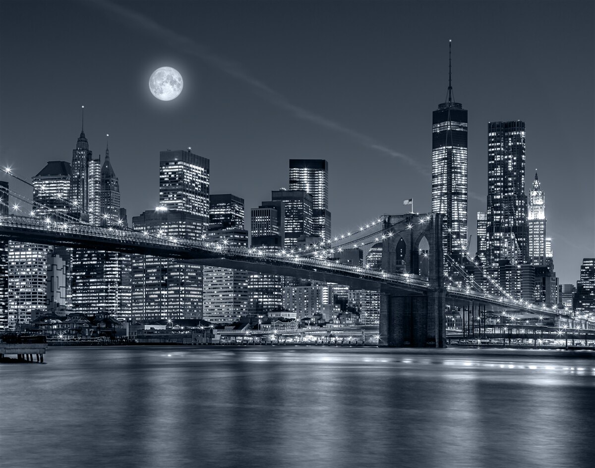 Fototapet new york alb-negru în lumina lunii pline