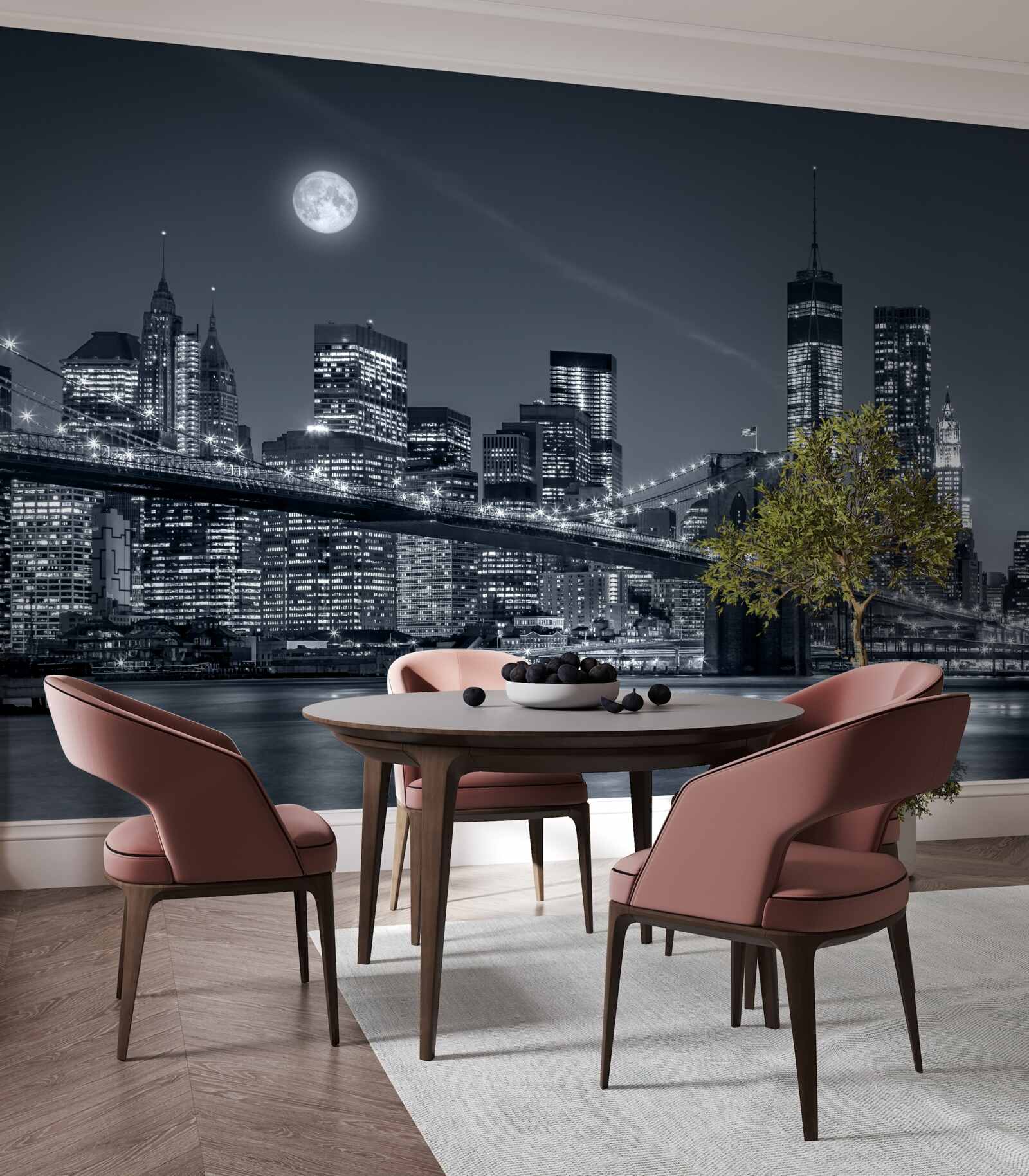 Fototapet new york alb-negru în lumina lunii pline