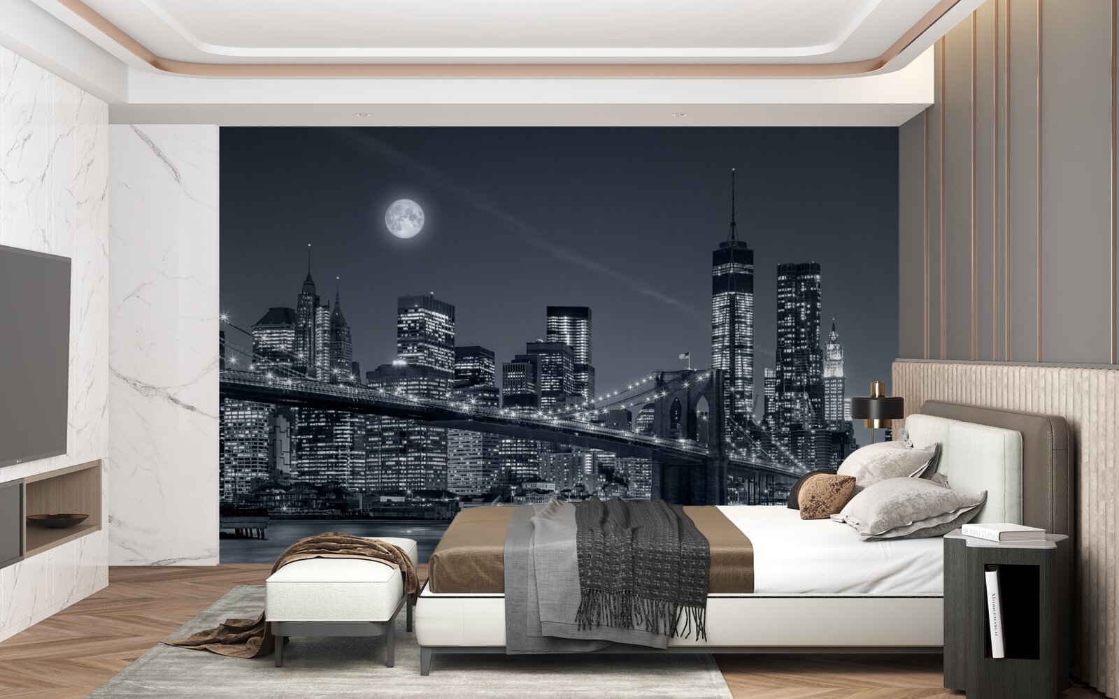 Fototapet new york alb-negru în lumina lunii pline