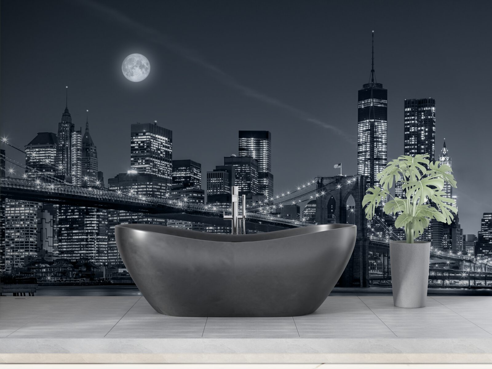 Fototapet new york alb-negru în lumina lunii pline