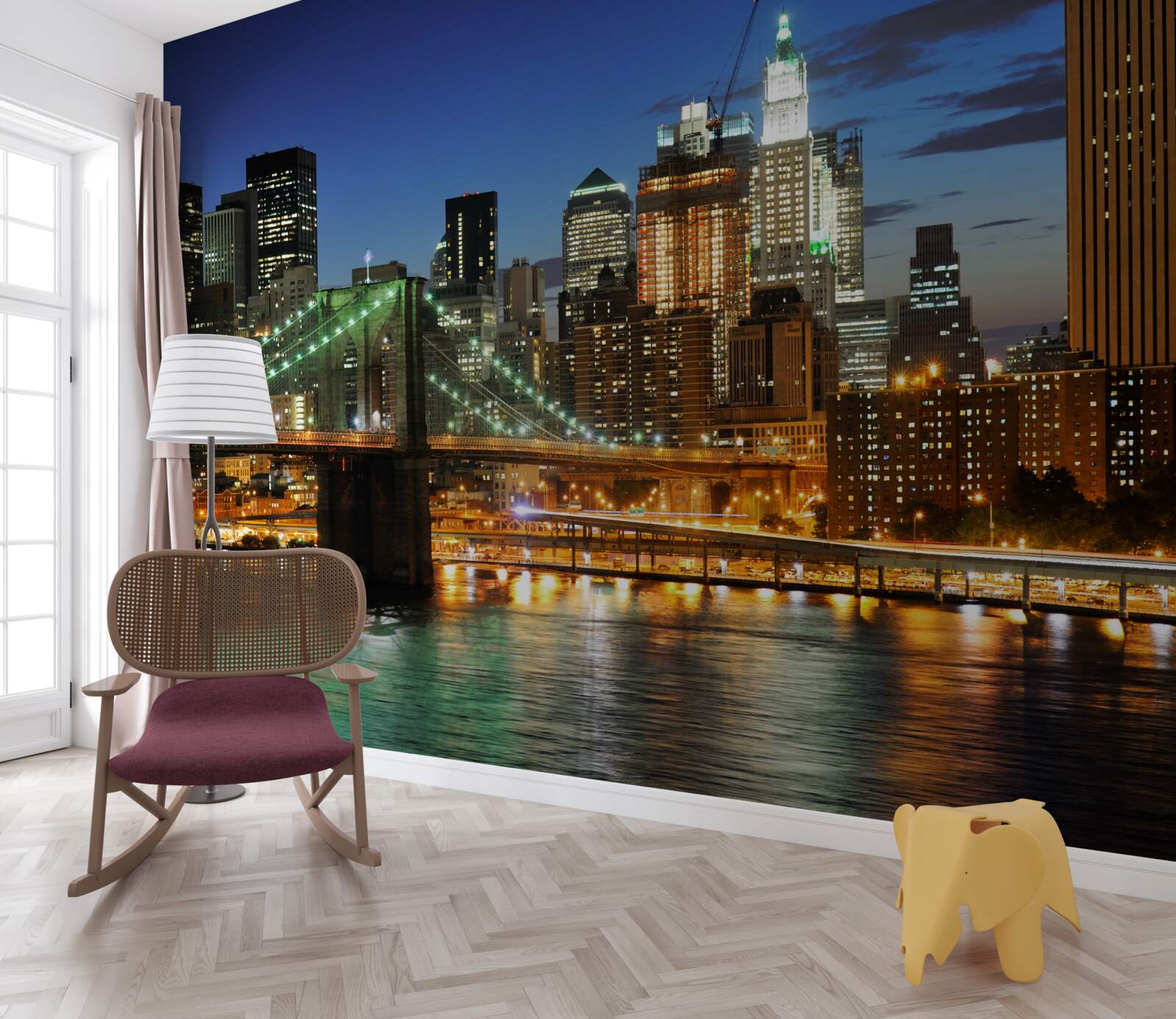 Fototapet panorama orasului new york noaptea de pe malul opus