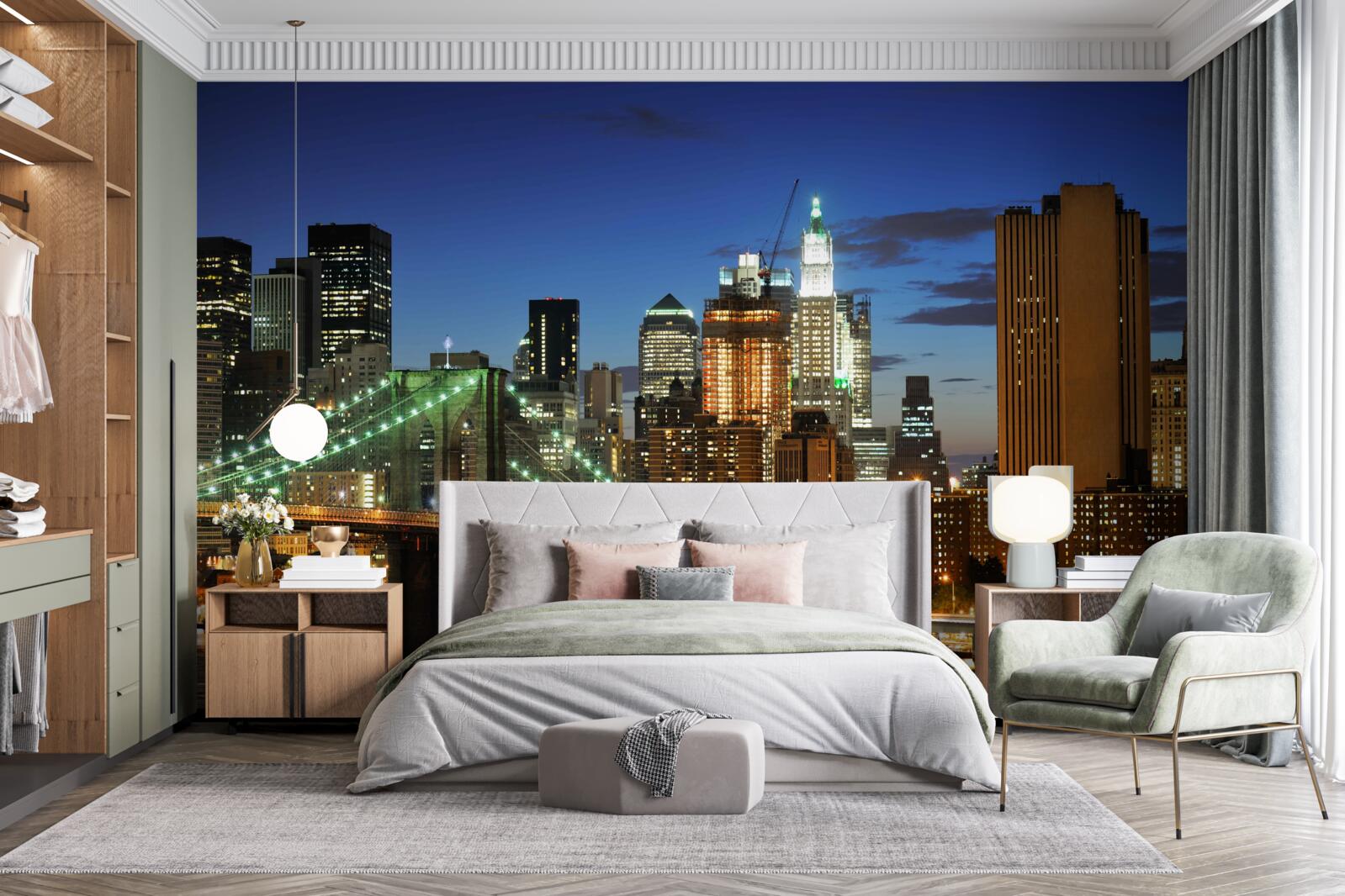 Fototapet panorama orasului new york noaptea de pe malul opus