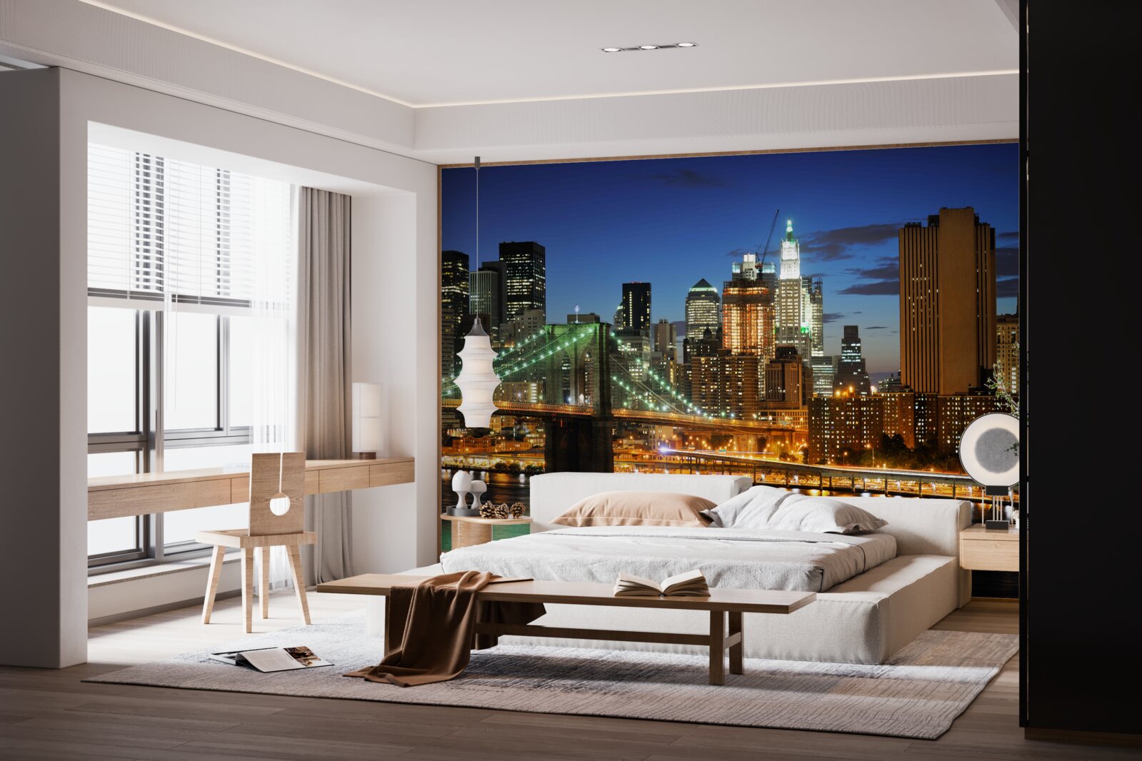 Fototapet panorama orasului new york noaptea de pe malul opus