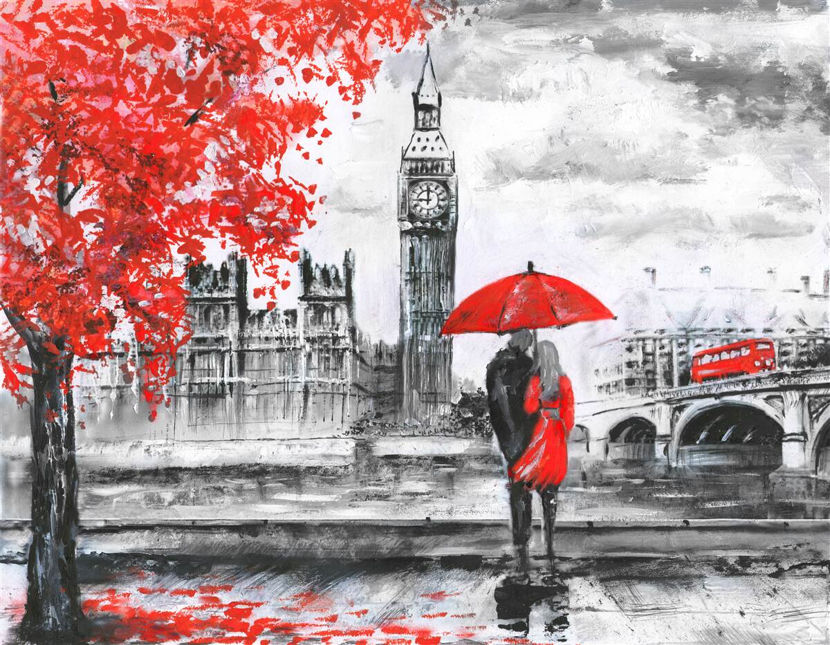 Fototapet doi oameni sub o umbrelă stacojie se uită la Big Ben
