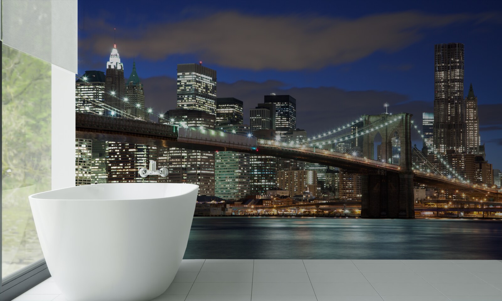 Fototapet orașul noaptea împodobește contururile podului Brooklyn