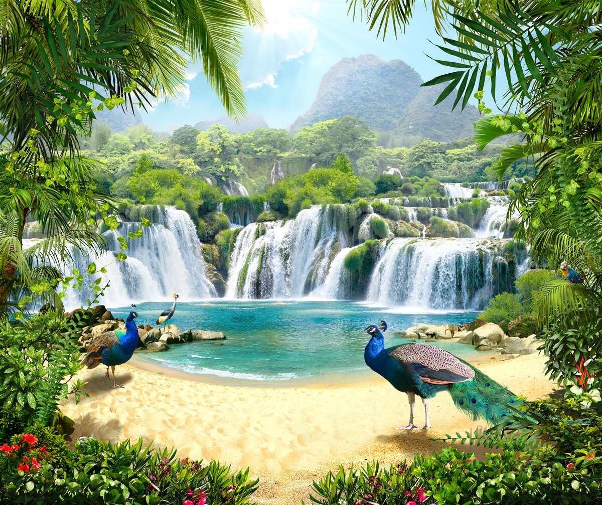 Fototapet cascadă în tropicele magice, casă a păunilor