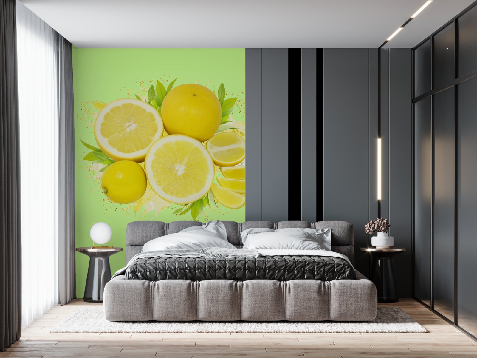 Fototapet fundal verde decorat cu lămâi galbene