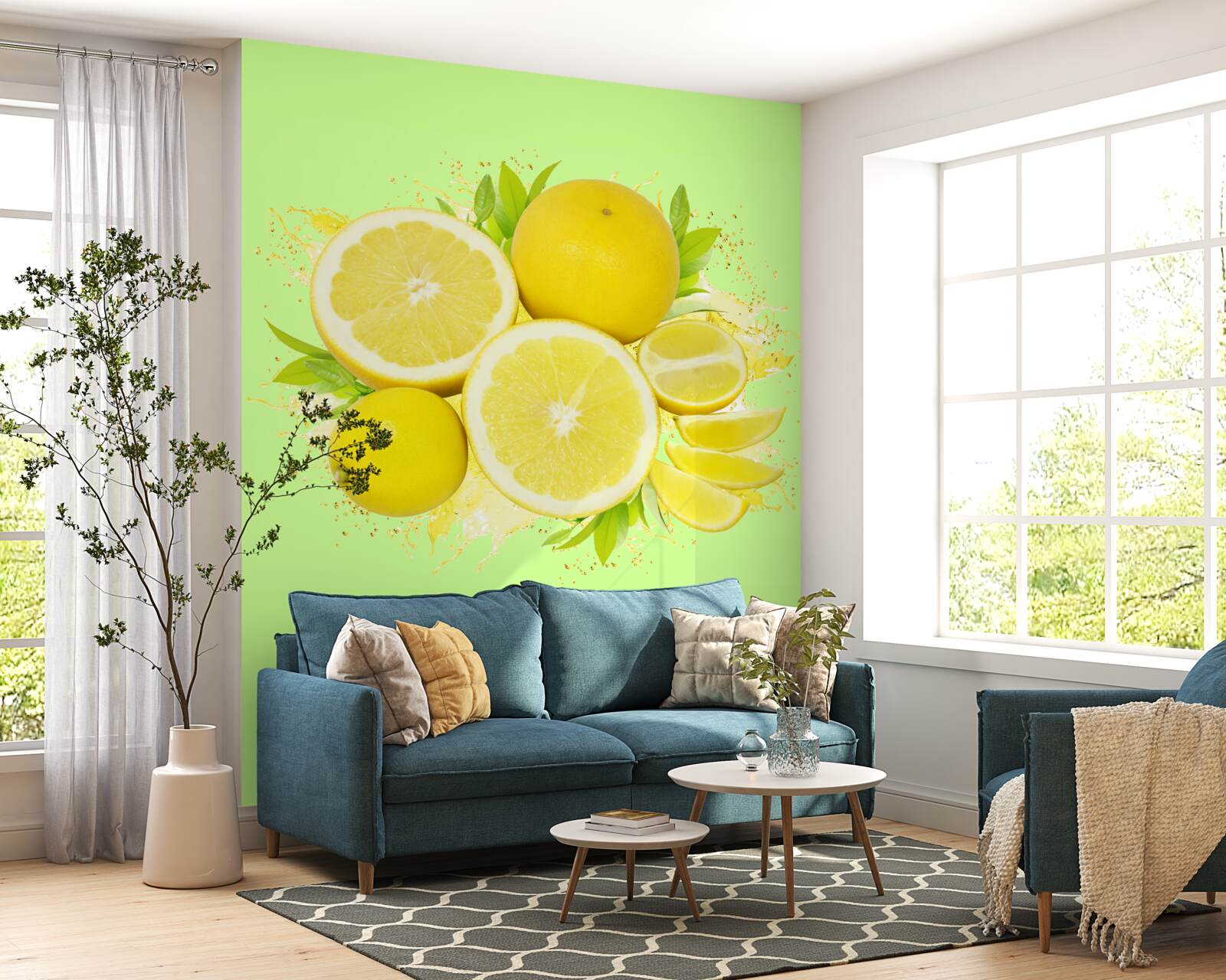 Fototapet fundal verde decorat cu lămâi galbene
