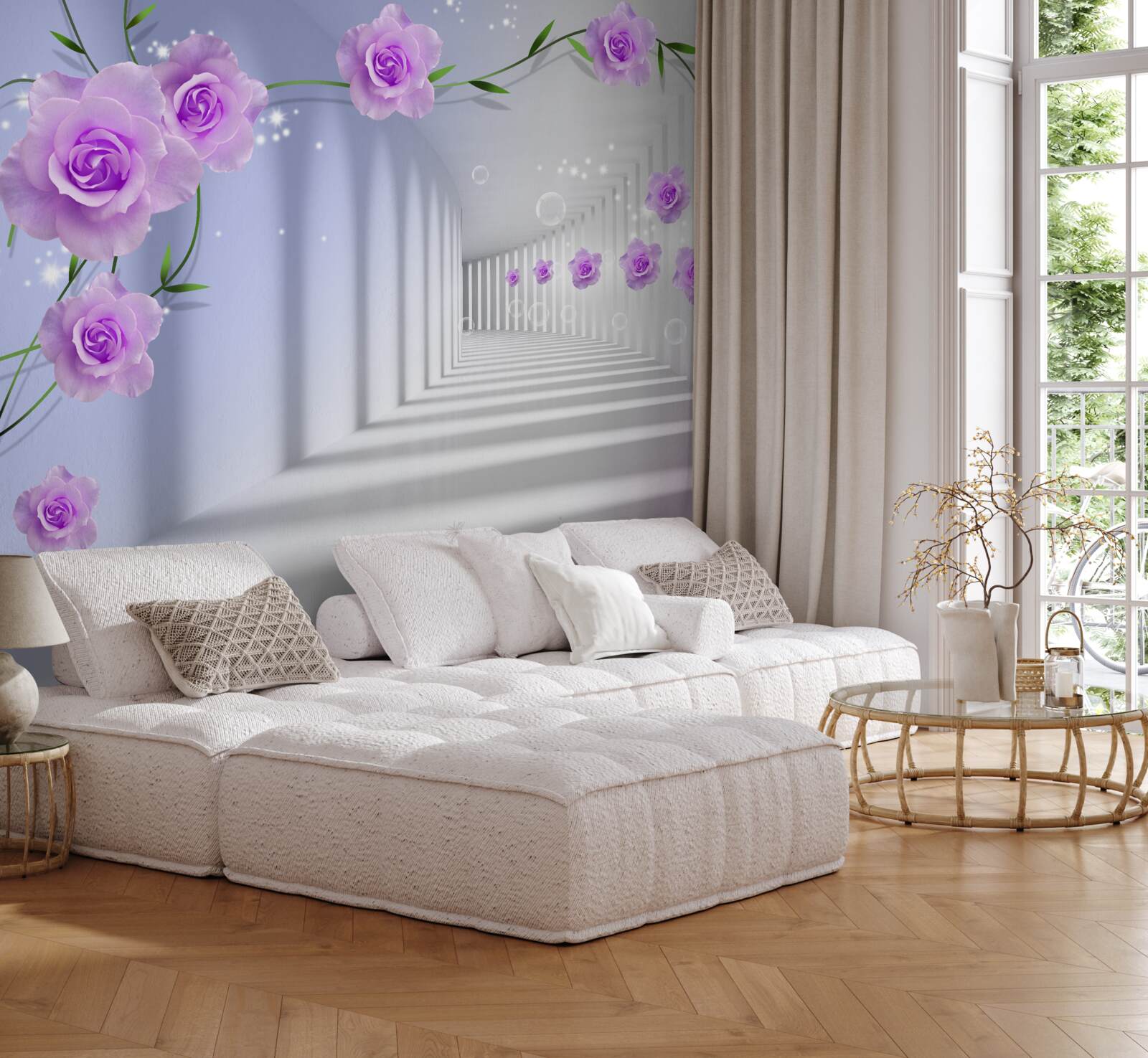 Fototapet trandafir de ceai violet pe ramuri