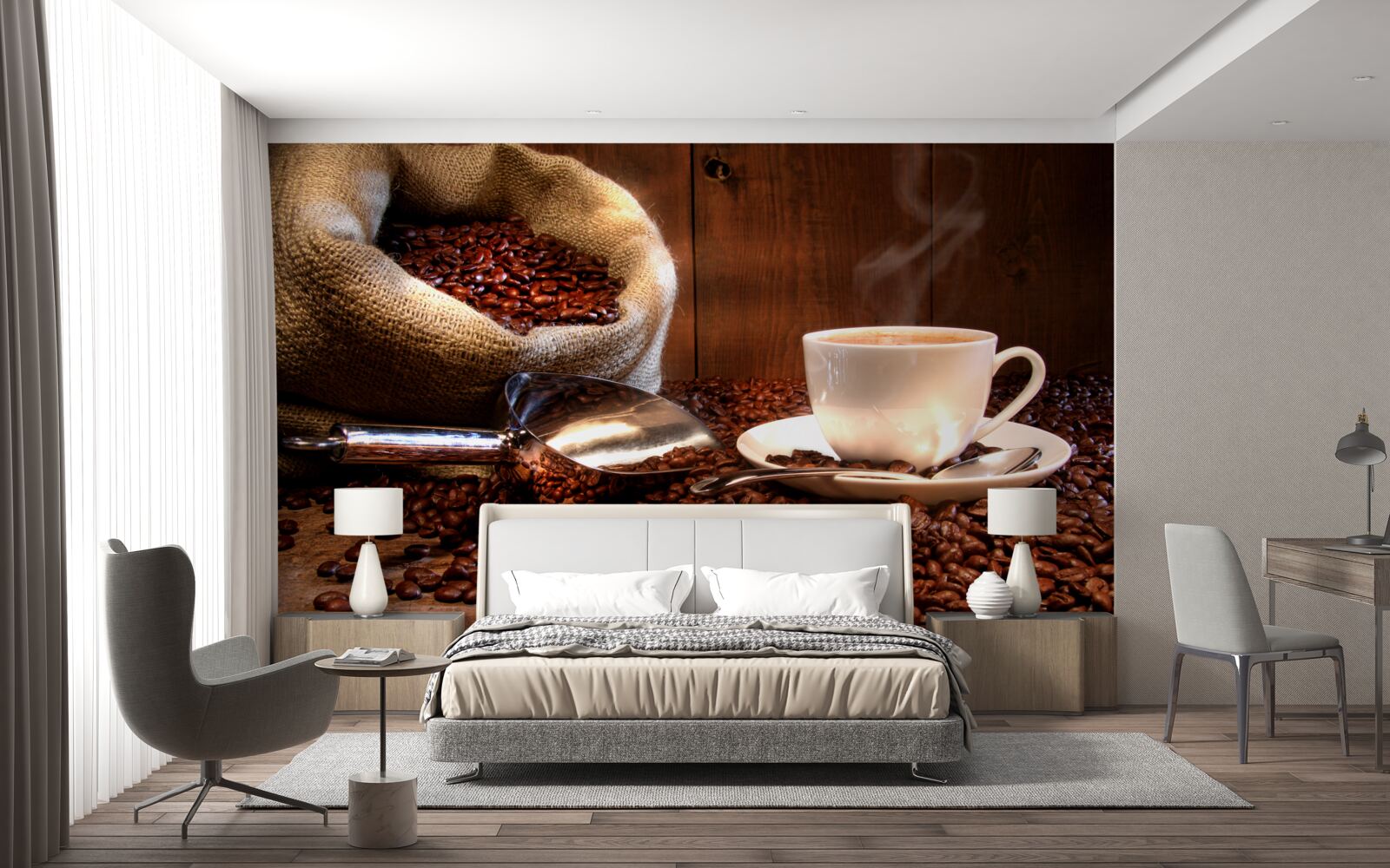 Fototapet boabe de cafea și o ceașcă din această băutură