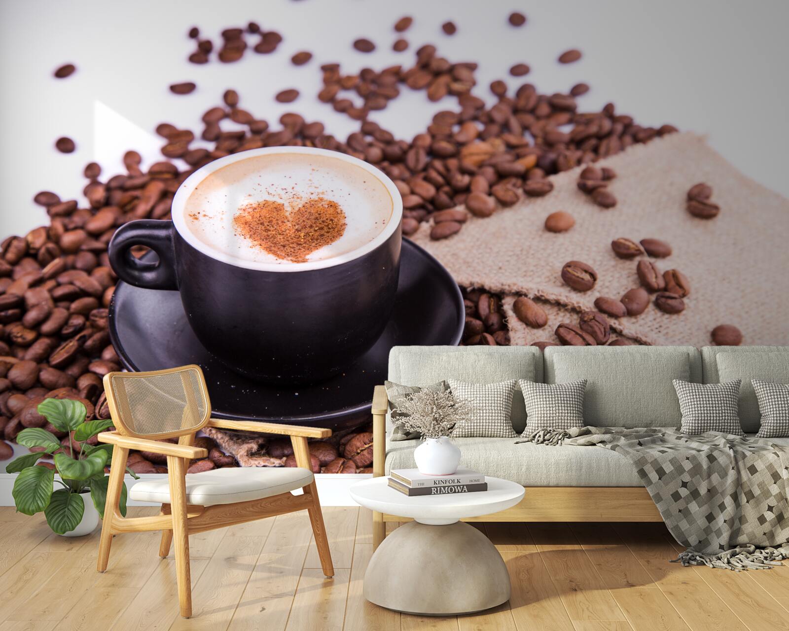 Fototapet boabe de cafea împrăștiate lângă o ceașcă de cafea