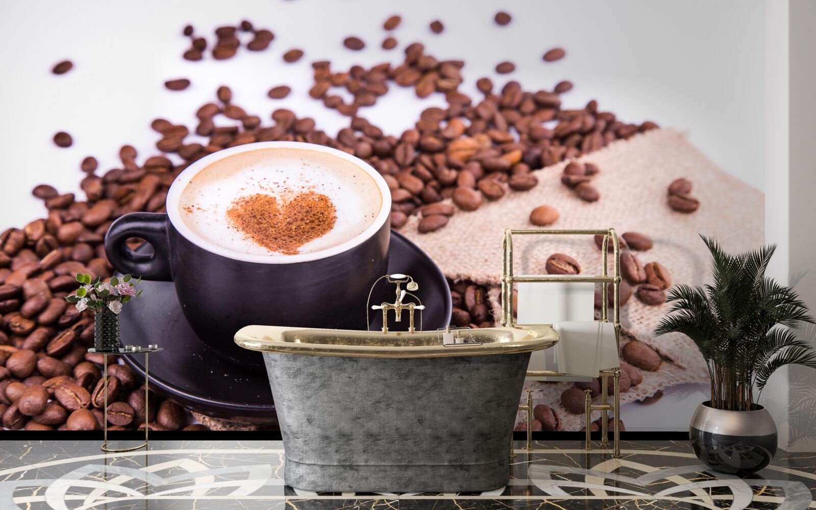 Fototapet boabe de cafea împrăștiate lângă o ceașcă de cafea