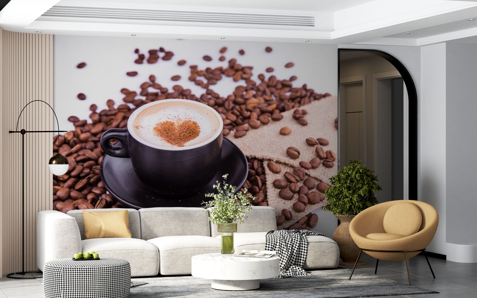 Fototapet boabe de cafea împrăștiate lângă o ceașcă de cafea