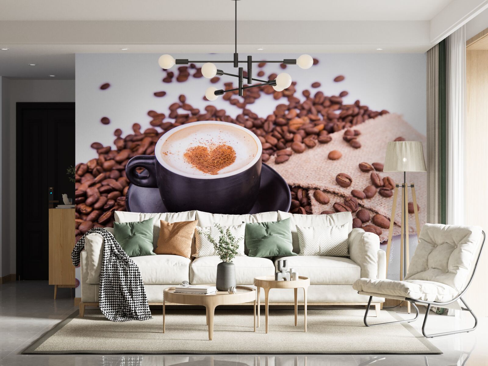 Fototapet boabe de cafea împrăștiate lângă o ceașcă de cafea