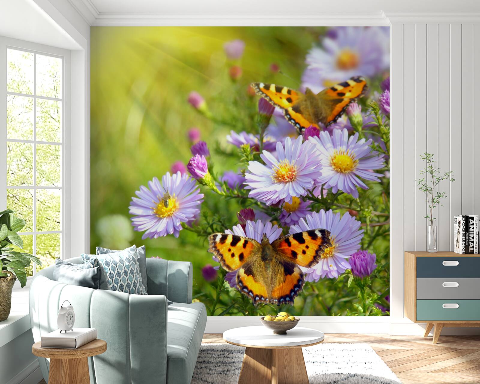 Fototapet margarete albastre decorate cu fluturi