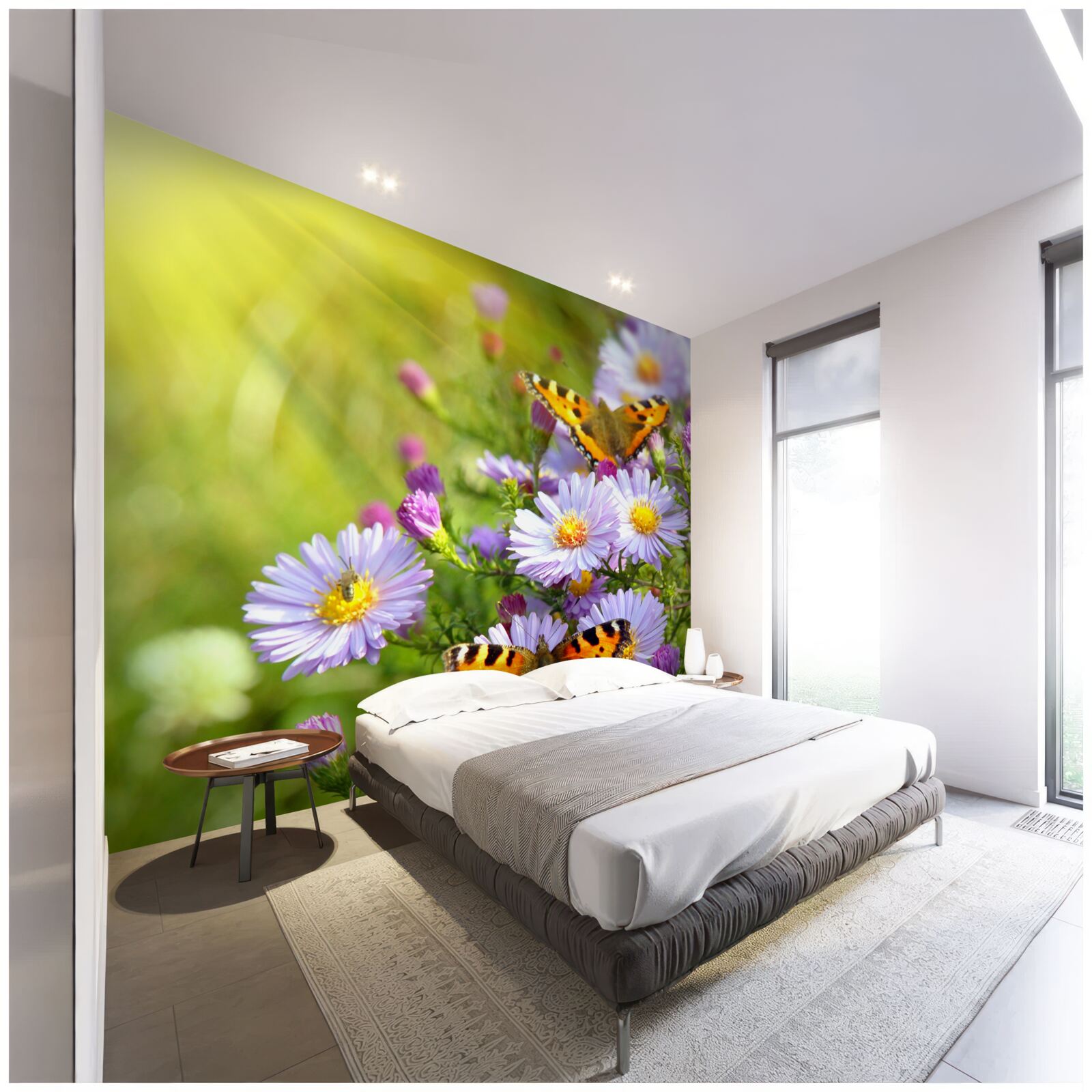 Fototapet margarete albastre decorate cu fluturi