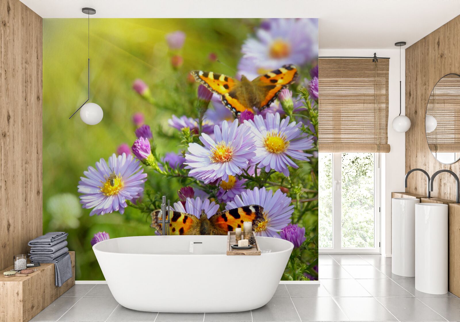 Fototapet margarete albastre decorate cu fluturi